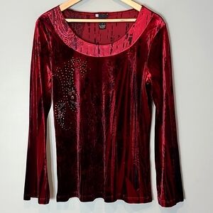 Velvet Tunic Top Flare Sleeve Y2K Carole Little‎ Whimsigoth Red Beaded Holiday